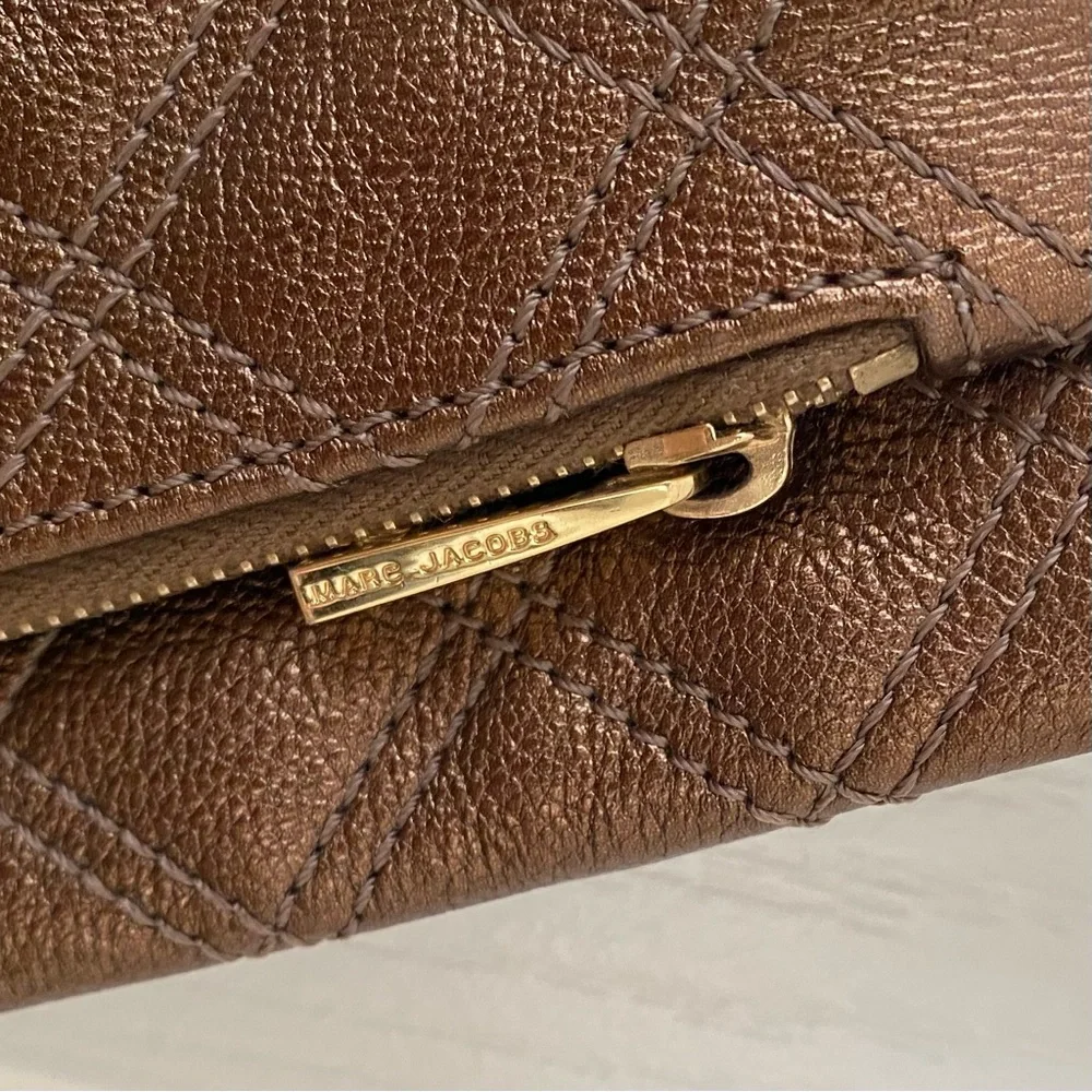 Marc Jacobs Made in Italy Brown Metallic Quilted Leather Wristlet Clutch Pouch